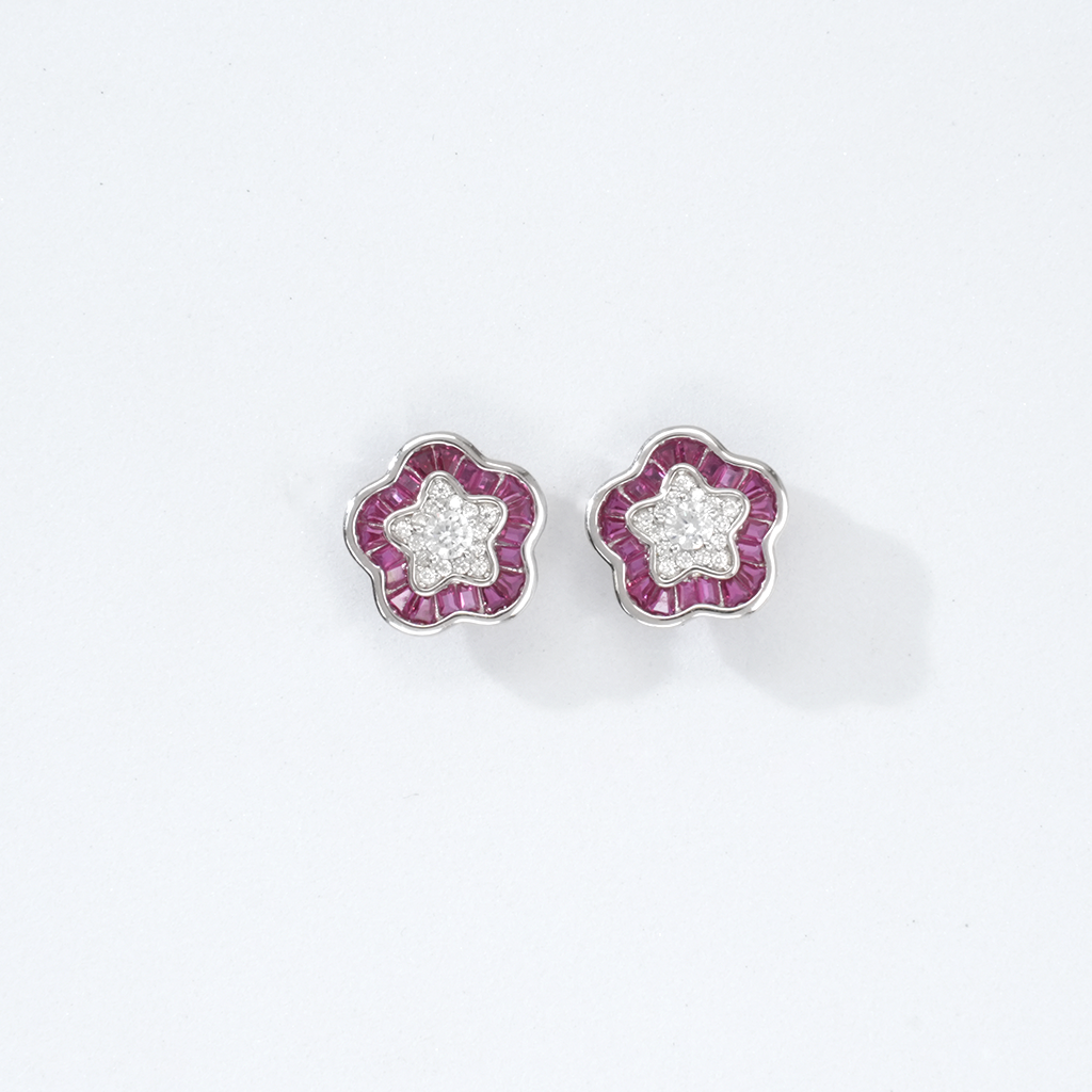 Silver Floral Earrings with Pink Stone
