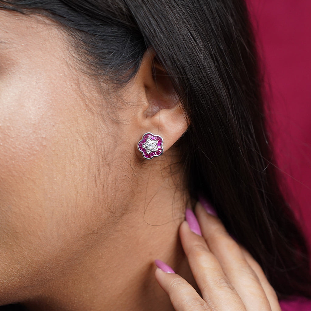Silver Floral Earrings with Pink Stone