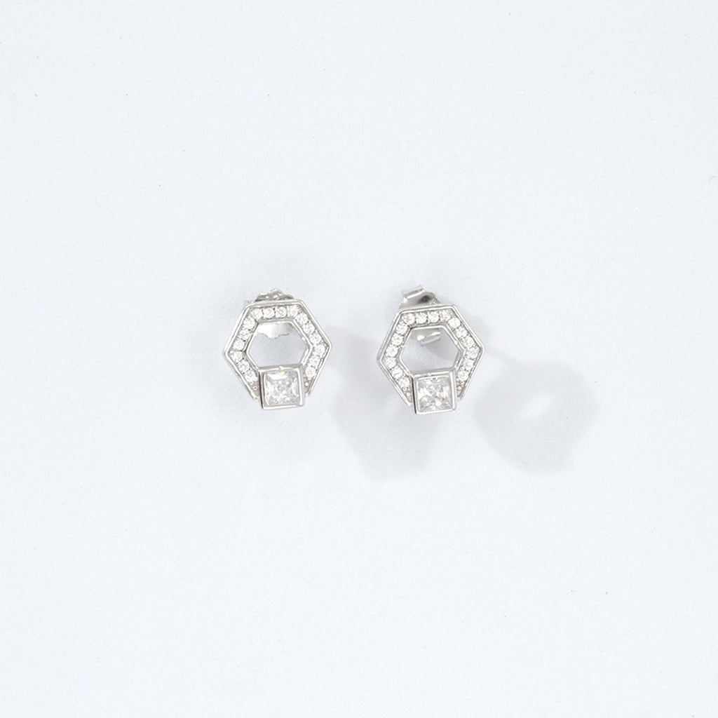 Hexagon Shaped Silver Earrings