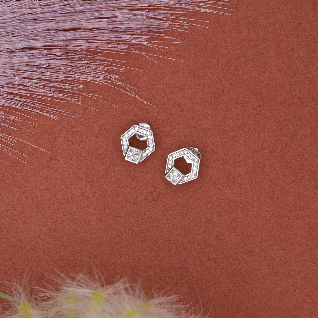 Hexagon Shaped Silver Earrings