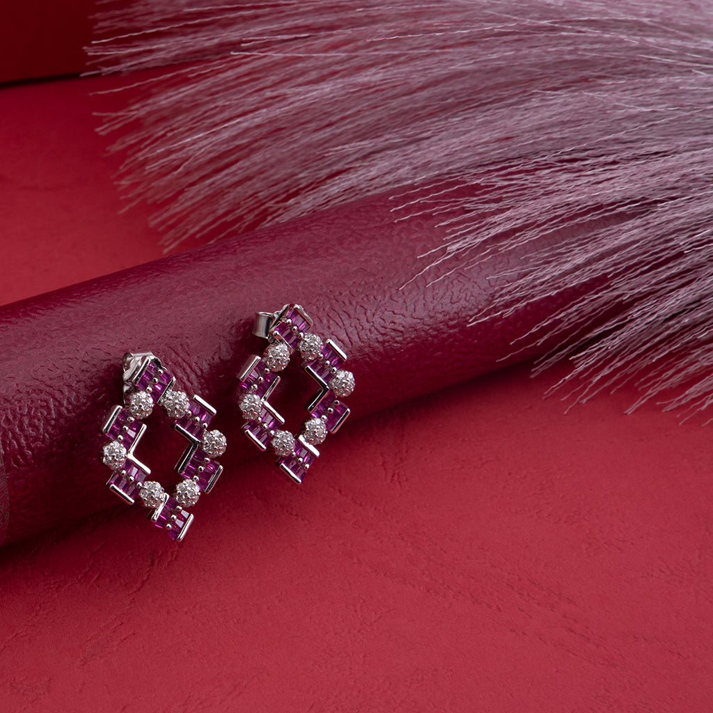Silver Earrings with Pink Baguettes