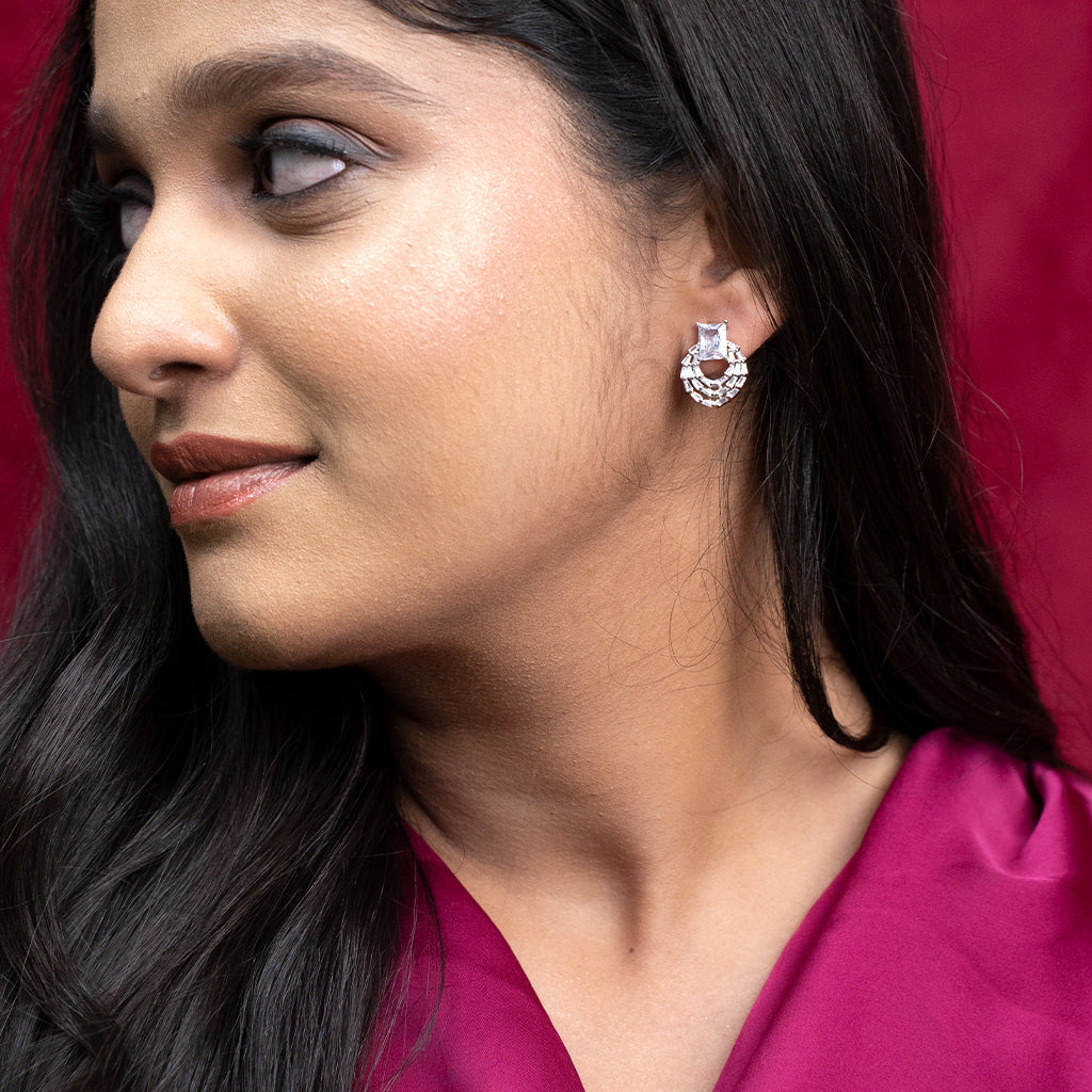 Emerald Cut Solitaire Silver Earrings