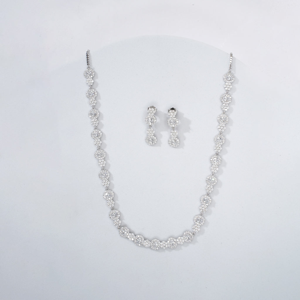 Delicate Silver Necklace with Oval Shaped Diamond at the center