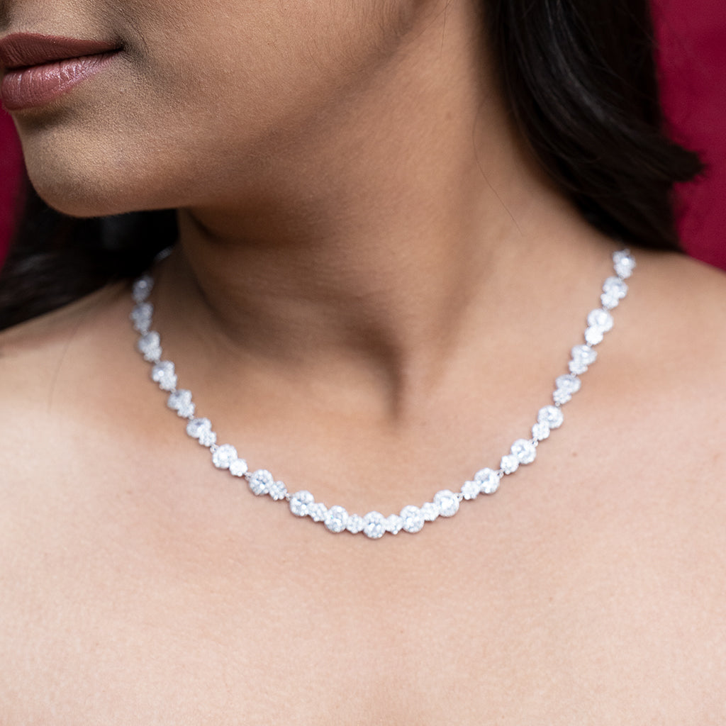 Delicate Silver Necklace with Oval Shaped Diamond at the center