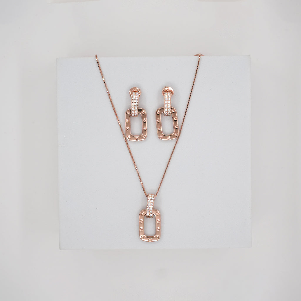 Rectangle Shaped Silver Pendant Set with Rose Silver Polish