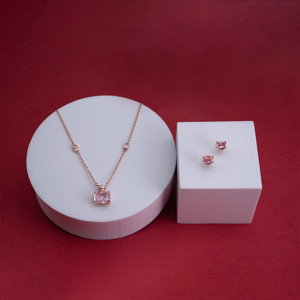 Rose Silver With Pink Sparkling Stones Pendant Set