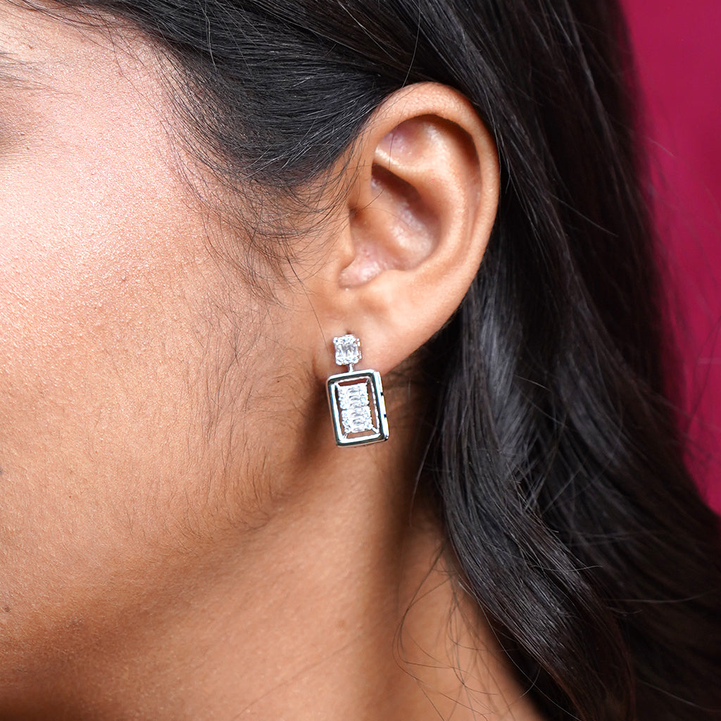 Rectangle Shaped Silver Pendant Set with Radiant Baguettes