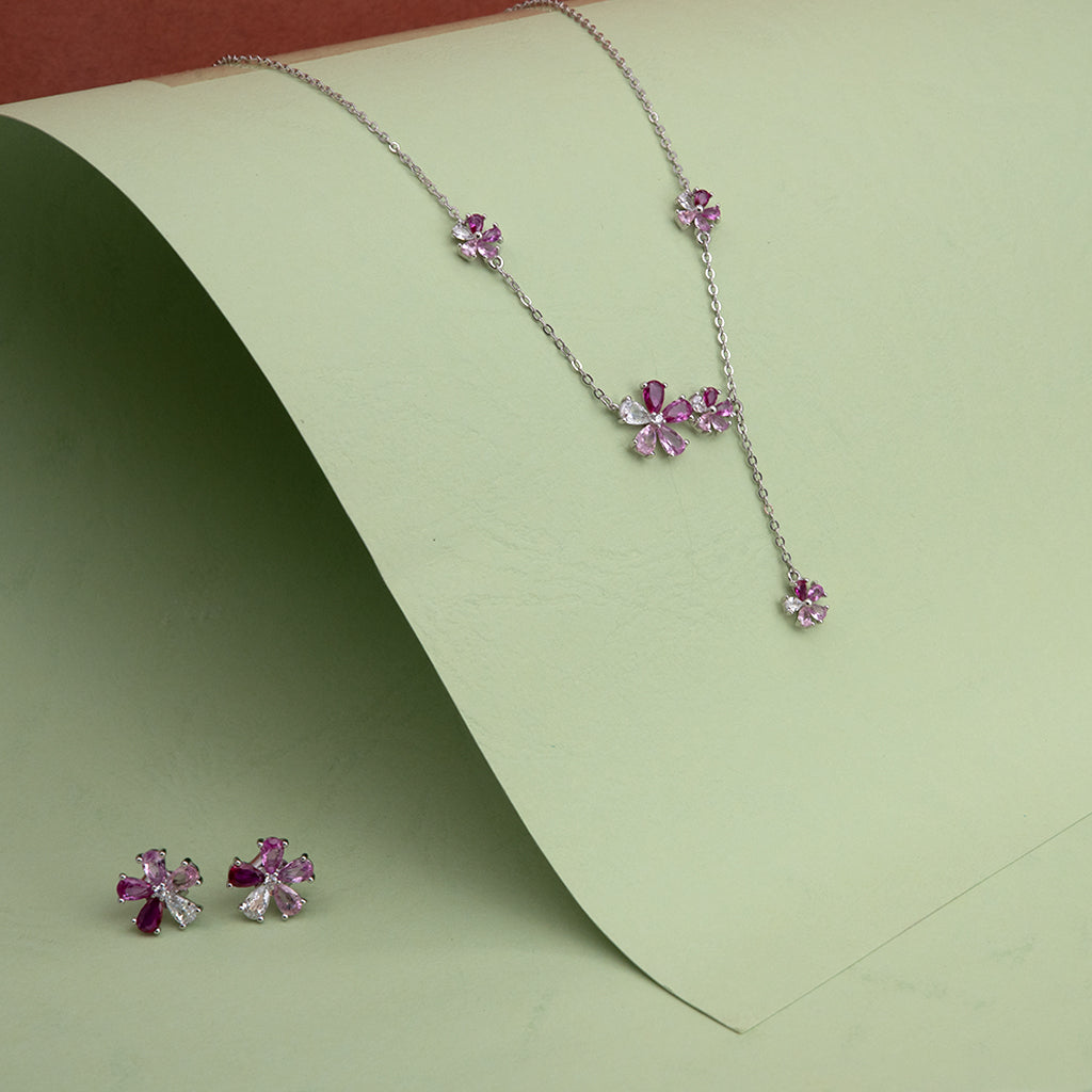 Silver Floral With Pink Stones
