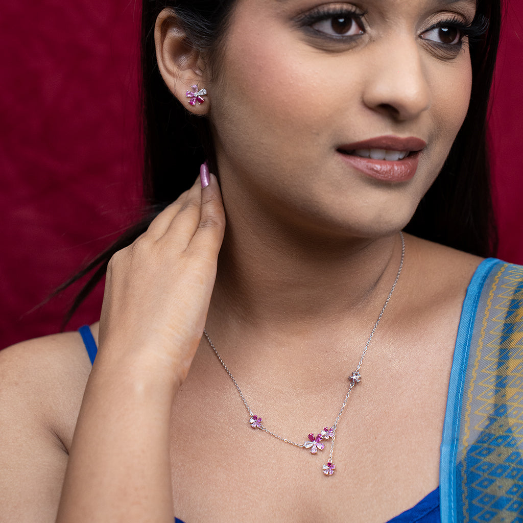 Silver Floral With Pink Stones