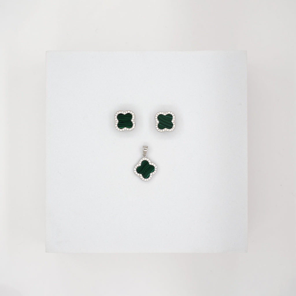 Silver Pendant Set with Green Stones & Diamonds