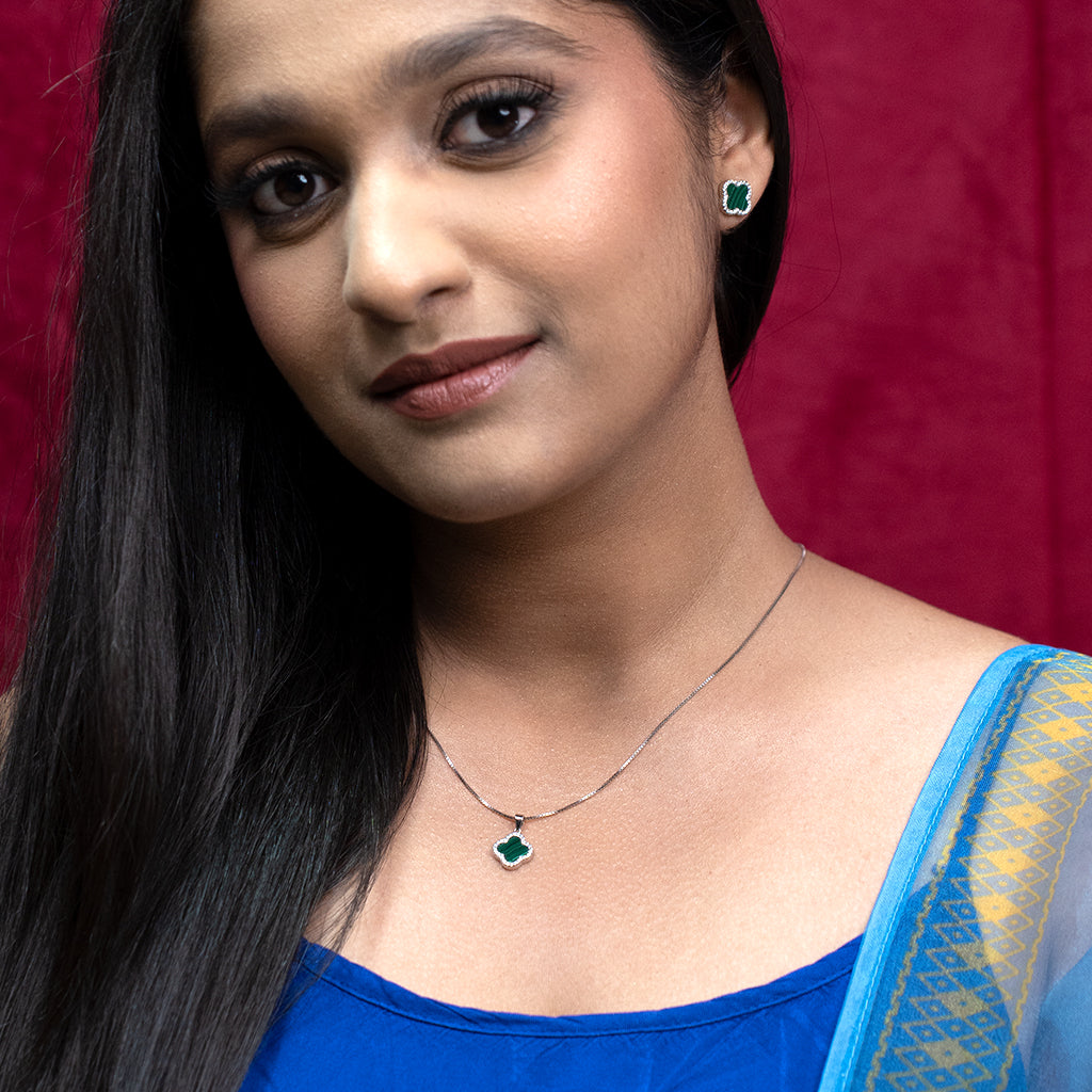 Silver Pendant Set with Green Stones & Diamonds