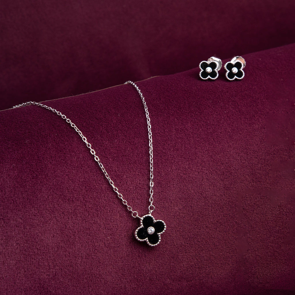 Silver Floral Pendant Set with Balck Stone