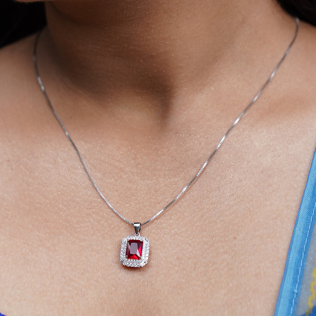 Silver Pendant Set with Emerald Cut Red Stone