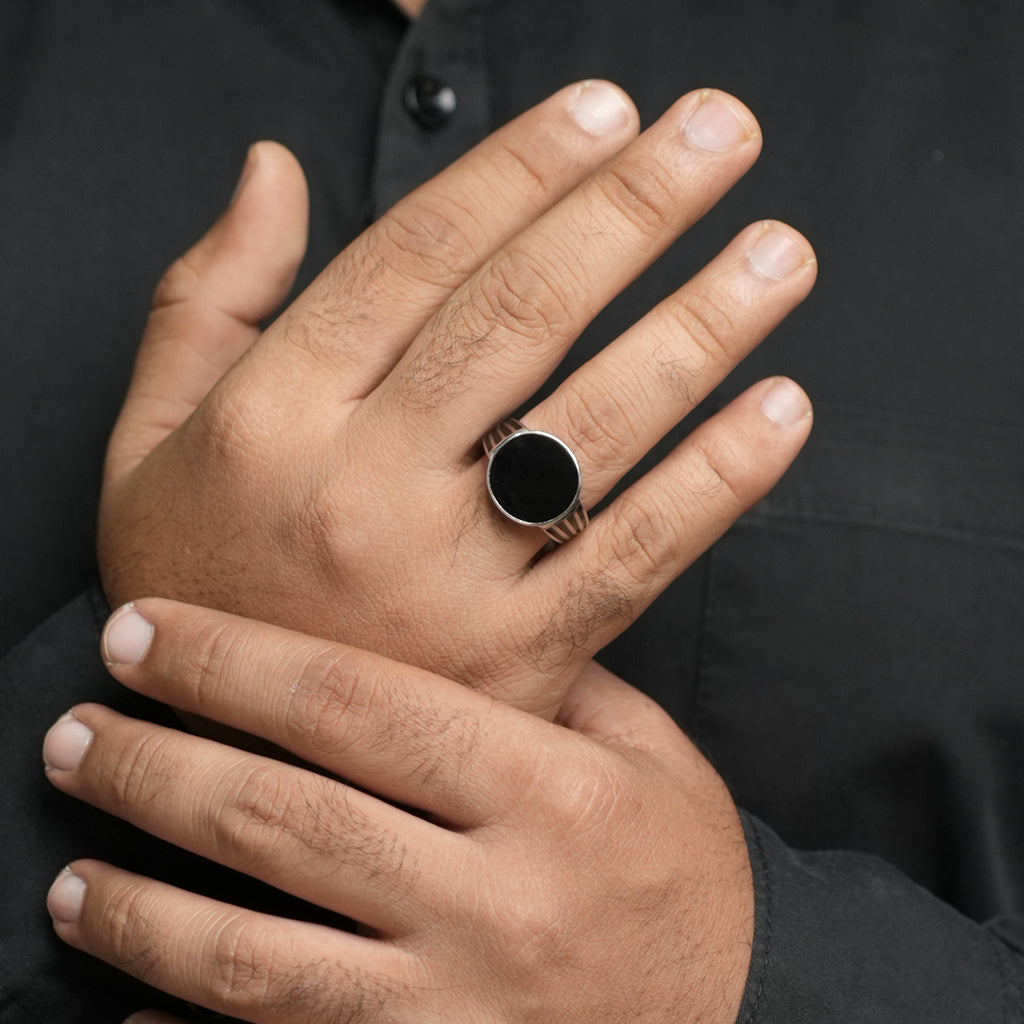 Black Stone Studded in Silver Ring