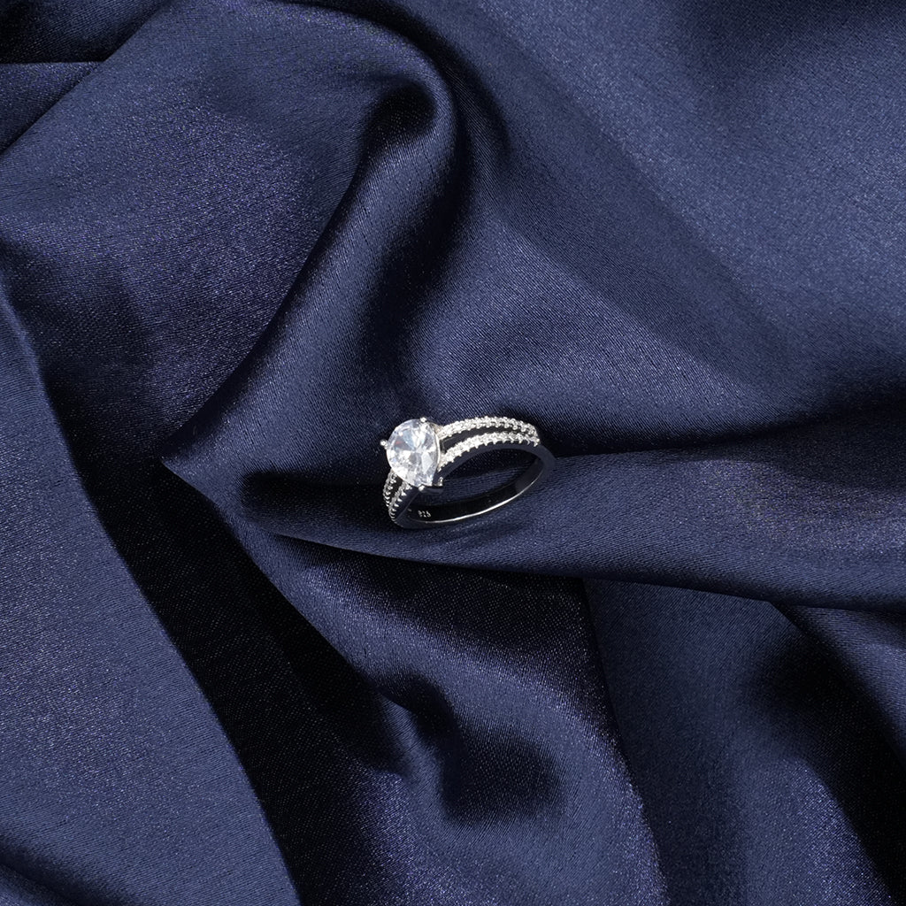 Silver Ring With Teardrop Shaped Diamonds