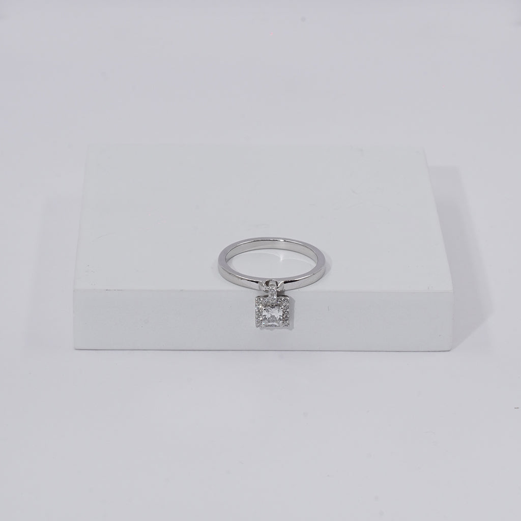 Silver Ring With Hanging Diamond Square Charm