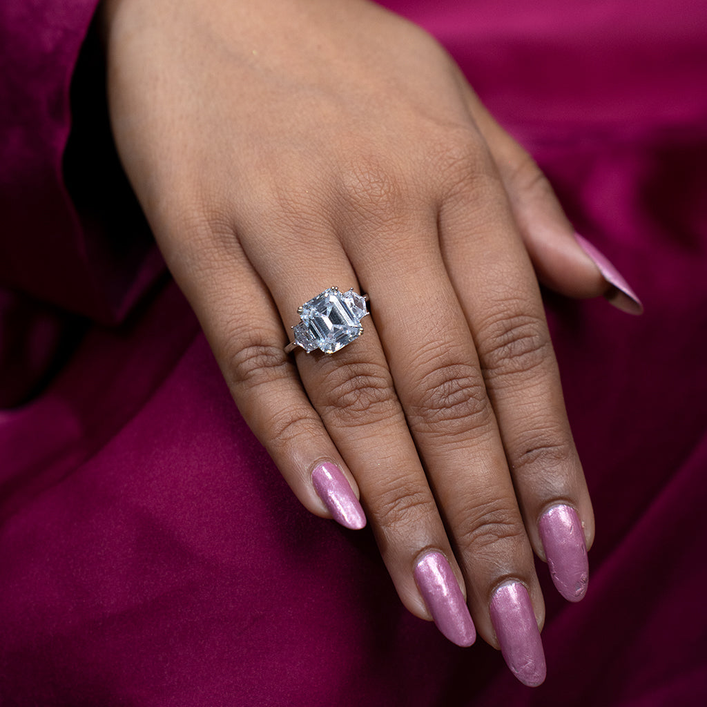 Silver Ring featuring Stunning Emerald Cut Stone in the Center