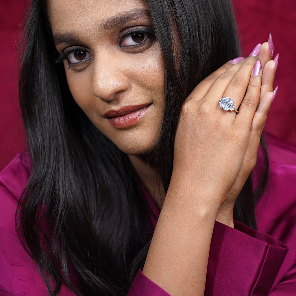 Silver Ring featuring Stunning Emerald Cut Stone in the Center